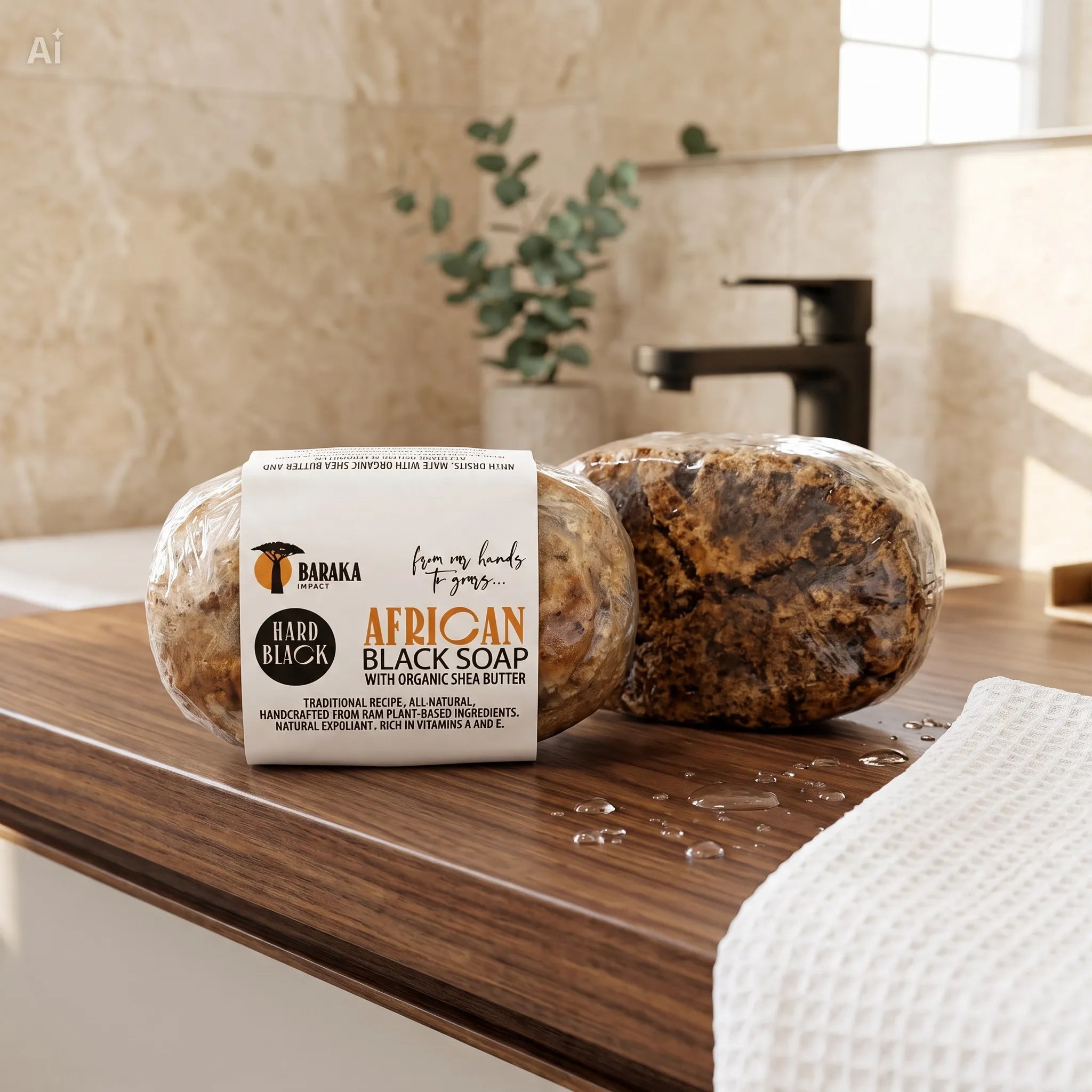 Hard African Black Soap – Traditional Bar, Handmade in Ghana – 5 oz, Pack of 2