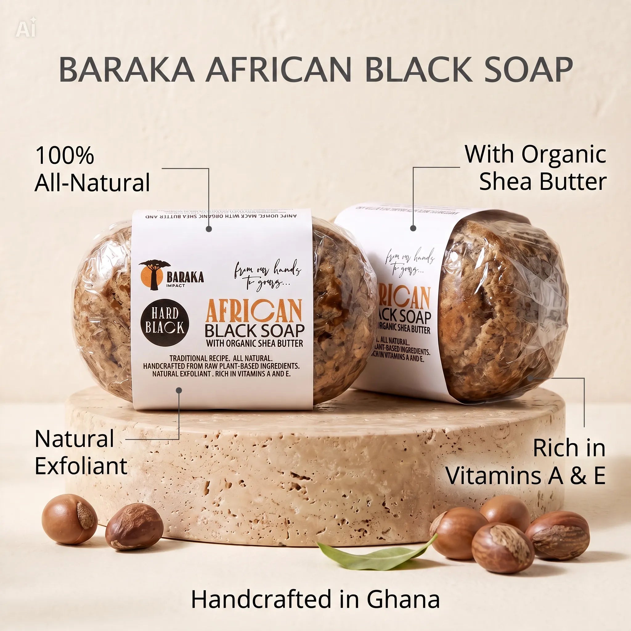 Hard African Black Soap – Traditional Bar, Handmade in Ghana – 5 oz, Pack of 2