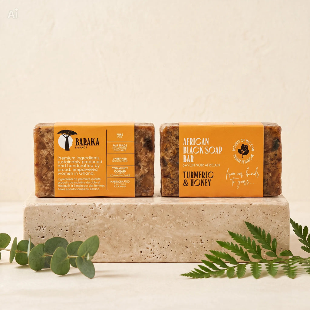 Honey Turmeric African Black Soap – Handmade in Ghana – 5 oz, Pack of 2